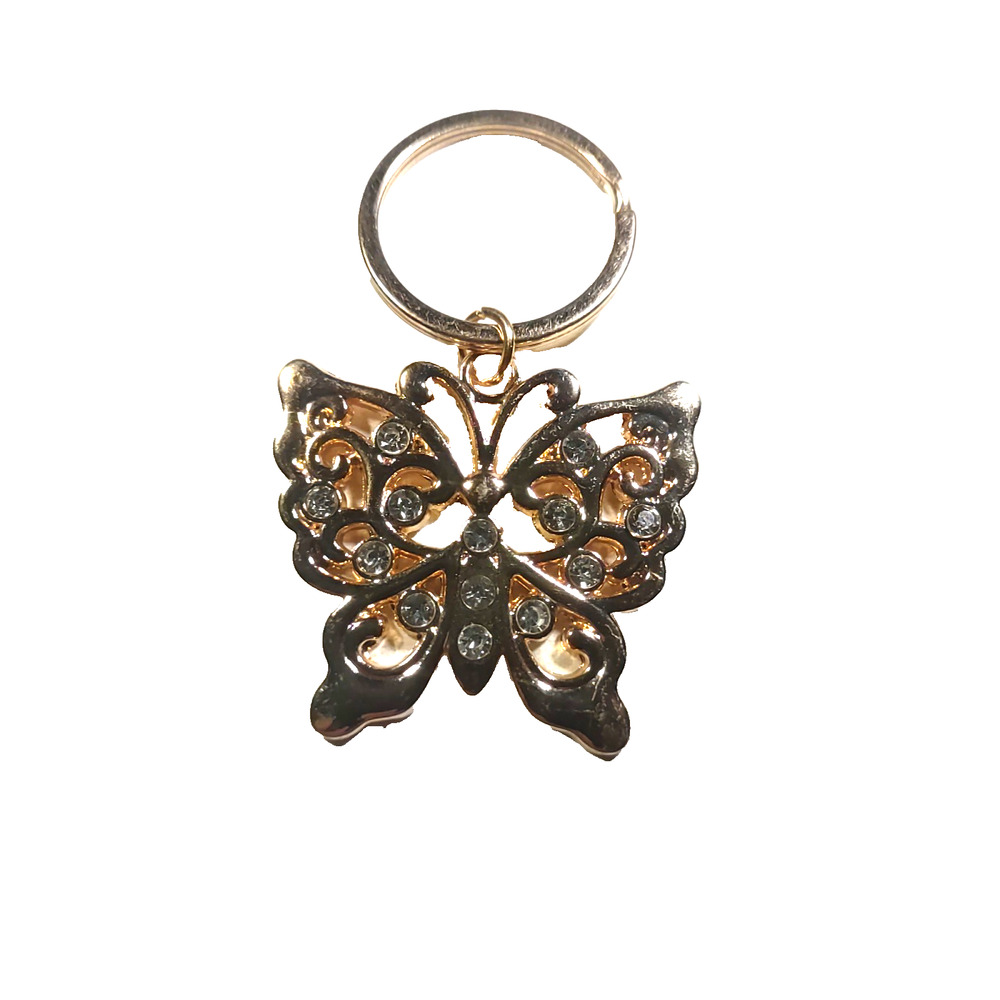 Butterfly Gold Tone Rhinestone Keychain Bright Shiny